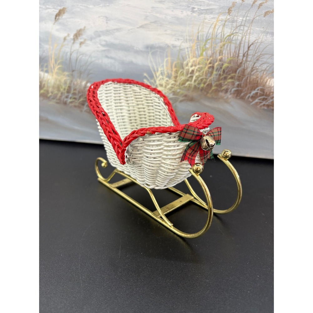 Vintage Christmas Wicker Sleigh White Red Trim Gold Metal Runners Holiday Decor